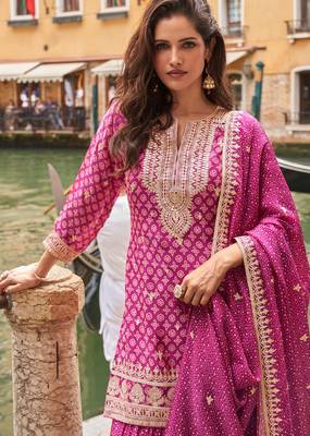 Pink zari embroidery sequins & digital printed chinnon silk straight palazzo suit-Full stitched free size 2