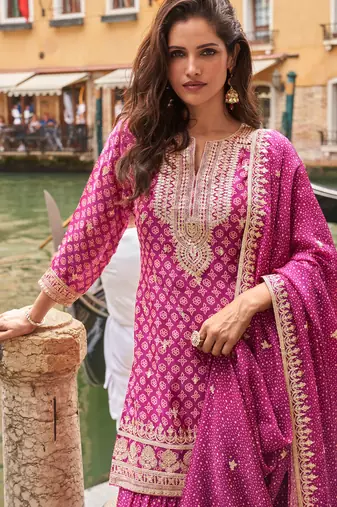 Pink zari embroidery sequins & digital printed chinnon silk straight palazzo suit-Full stitched free size