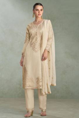 Beige zari embroidery , sequins chinnon silk straight pant suit- free size stitched(size upto 42") 1