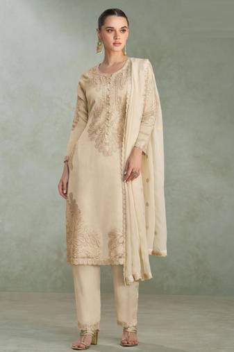Beige zari embroidery , sequins chinnon silk straight pant suit- free size stitched(size upto 42")