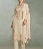 Beige zari embroidery , sequins chinnon silk straight pant suit- free size stitched(size upto 42")