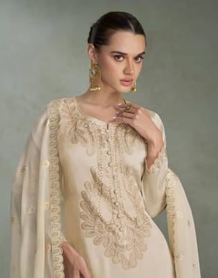 Beige zari embroidery , sequins chinnon silk straight pant suit- free size stitched(size upto 42") 2