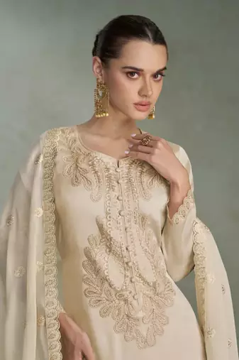 Beige zari embroidery , sequins chinnon silk straight pant suit- free size stitched(size upto 42")