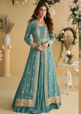 Light blue zari embroidery sequins chinnon anarkali gown pant suit- free size stitched(size upto 42") 1