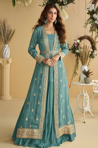 Light blue zari embroidery , sequins  chinnon anarkali gown pant suit- free size stitched(size upto 42")