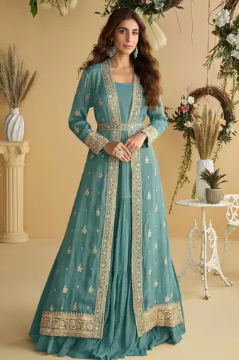 Light blue zari embroidery , sequins  chinnon anarkali gown pant suit- free size stitched(size upto 42")