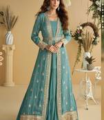 Light blue zari embroidery sequins chinnon anarkali gown pant suit- free size stitched(size upto 42")