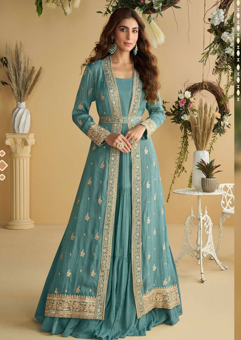 Light blue zari embroidery , sequins  chinnon anarkali gown pant suit- free size stitched(size upto 42")