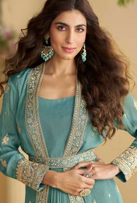 Light blue zari embroidery sequins chinnon anarkali gown pant suit- free size stitched(size upto 42") 2