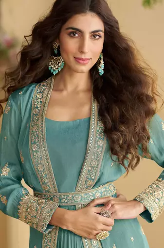 Light blue zari embroidery sequins chinnon anarkali gown pant suit- free size stitched(size upto 42")
