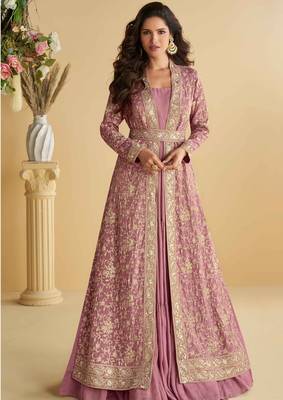 pink zari embroidery , sequins  chinnon anarkali gown pant suit- free size stitched(size upto 42") 1