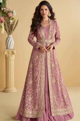 pink zari embroidery , sequins  chinnon anarkali gown pant suit- free size stitched(size upto 42")