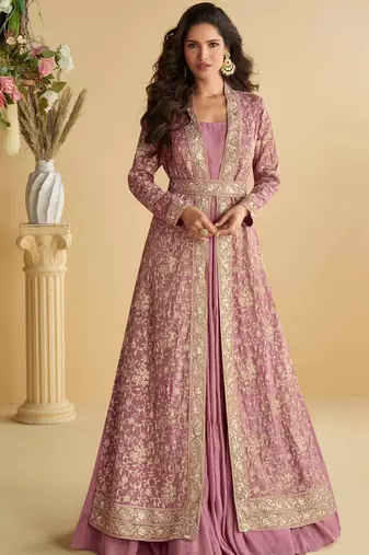 pink zari embroidery , sequins  chinnon anarkali gown pant suit- free size stitched(size upto 42")
