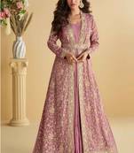 pink zari embroidery , sequins  chinnon anarkali gown pant suit- free size stitched(size upto 42")
