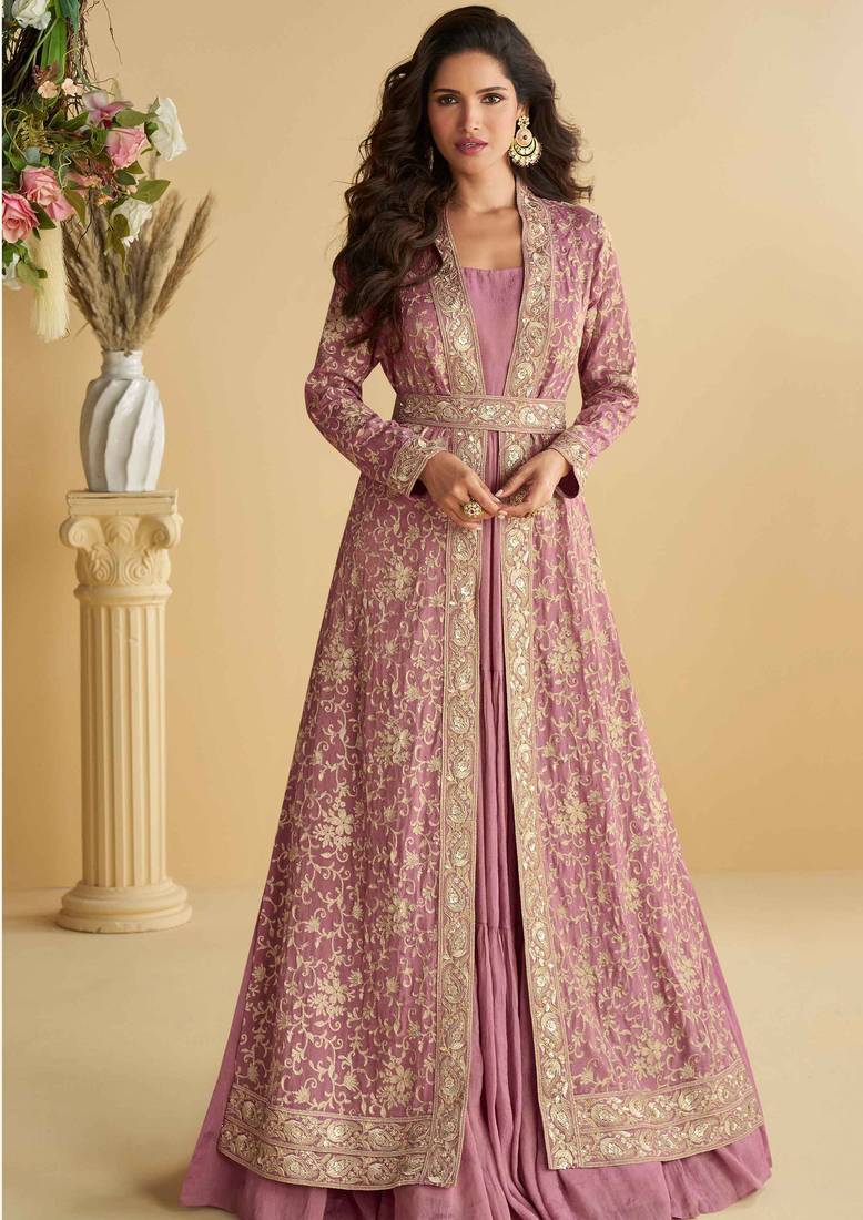 pink zari embroidery , sequins  chinnon anarkali gown pant suit- free size stitched(size upto 42")