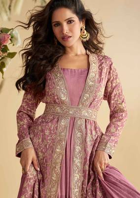 pink zari embroidery , sequins  chinnon anarkali gown pant suit- free size stitched(size upto 42") 2