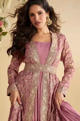 pink zari embroidery , sequins  chinnon anarkali gown pant suit- free size stitched(size upto 42")