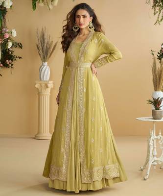 Light yellow zari embroidery sequins chinnon anarkali gown pant suit-Full stitched free size 1