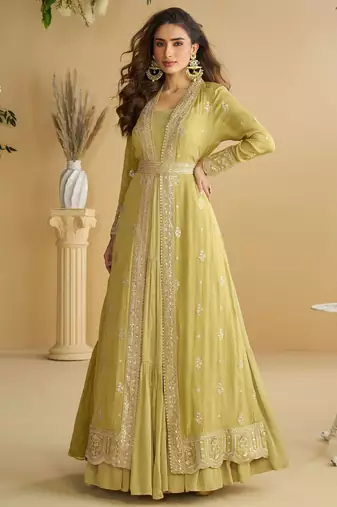 Light yellow zari embroidery , sequins  chinnon anarkali gown pant suit- free size stitched(size upto 42")