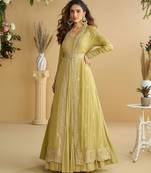 Light yellow zari embroidery sequins chinnon anarkali gown pant suit-Full stitched free size