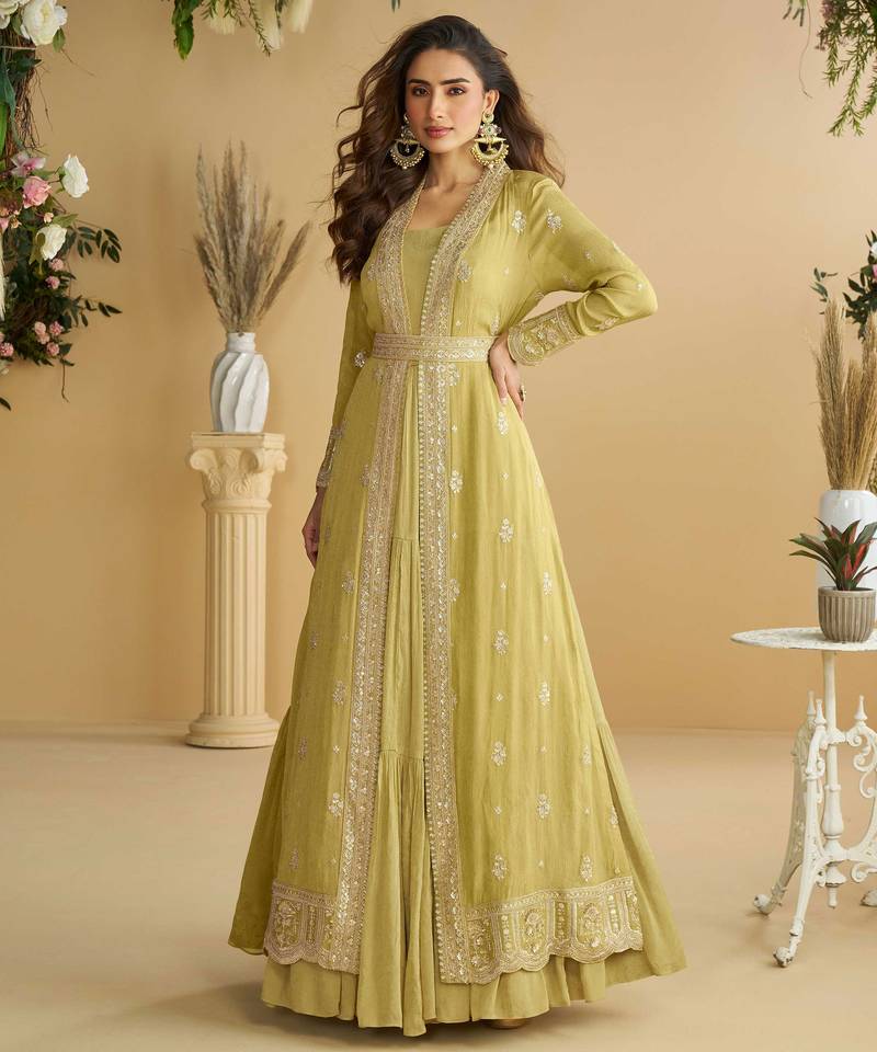 Light yellow zari embroidery , sequins  chinnon anarkali gown pant suit- free size stitched(size upto 42")