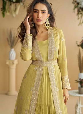 Light yellow zari embroidery sequins chinnon anarkali gown pant suit-Full stitched free size 2
