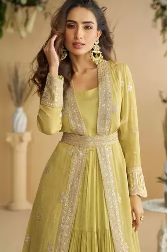 Light yellow zari embroidery sequins chinnon anarkali gown pant suit-Full stitched free size