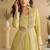 Light yellow zari embroidery , sequins  chinnon anarkali gown pant suit- free size stitched(size upto 42")