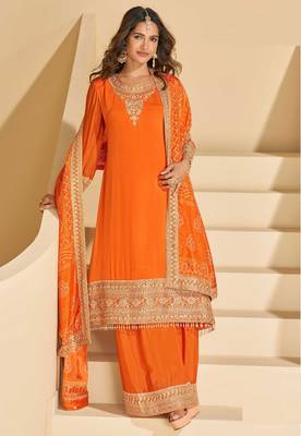 Orange chinnon straight palazzo suit with zari embroidery, beads, embellished & mirror work, free size up to 42" 1