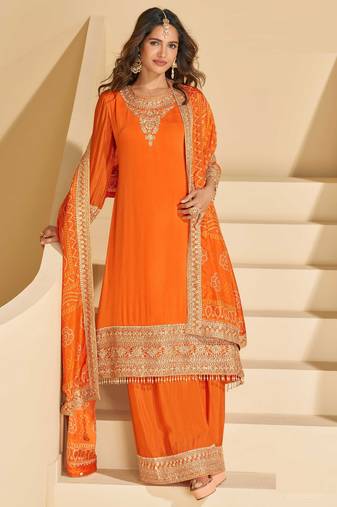 Orange chinnon straight palazzo suit with zari embroidery, beads, embellished & mirror work, free size up to 42"