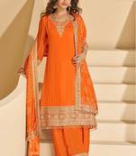 Orange chinnon straight palazzo suit with zari embroidery, beads, embellished & mirror work, free size up to 42"