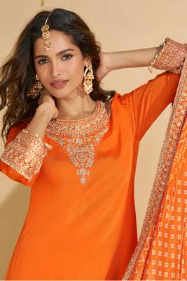 Orange chinnon straight palazzo suit with zari embroidery, beads, embellished & mirror work, free size up to 42" 2