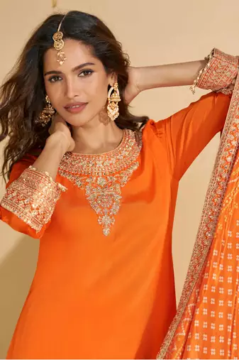 Orange chinnon straight palazzo suit with zari embroidery, beads, embellished & mirror work, free size up to 42"