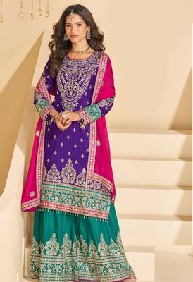 Purple chinnon straight palazzo suit with zari embroidery beads embellished & mirror work -Full Stitched Free size 1