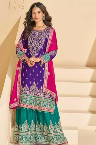 Purple chinnon straight palazzo suit with zari embroidery, beads, embellished & mirror work, free size up to 42"