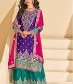 Purple chinnon straight palazzo suit with zari embroidery beads embellished & mirror work -Full Stitched Free size