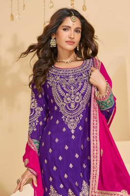 Purple chinnon straight palazzo suit with zari embroidery beads embellished & mirror work -Full Stitched Free size 2