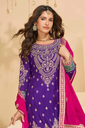 Purple chinnon straight palazzo suit with zari embroidery beads embellished & mirror work -Full Stitched Free size