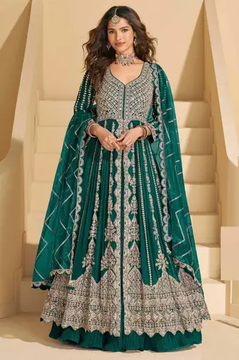 Teal green chinnon silk front cut anarkali lehenga suit with zari embroidery, sequins & mirror work, free size up to 42"