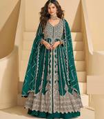 Teal green chinnon silk front cut anarkali lehenga suit with zari embroidery, sequins & mirror work, free size up to 42"