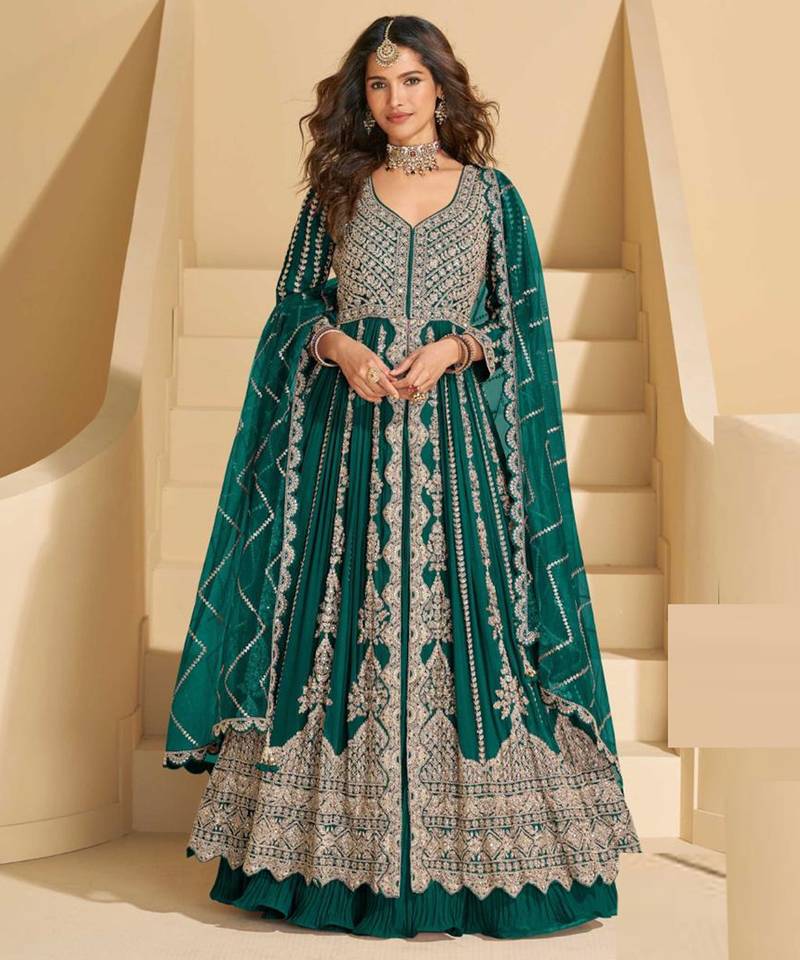 Teal green chinnon silk front cut anarkali lehenga suit with zari embroidery, sequins & mirror work, free size up to 42"