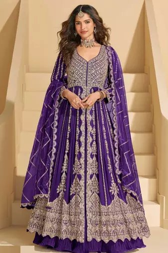 Purple chinnon silk front cut anarkali lehenga suit with zari embroidery, sequins & mirror work, free size up to 42"
