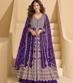 Purple chinnon silk front cut anarkali lehenga suit with zari embroidery, sequins & mirror work, free size up to 42"