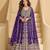 Purple chinnon silk front cut anarkali lehenga suit with zari embroidery, sequins & mirror work, free size up to 42"