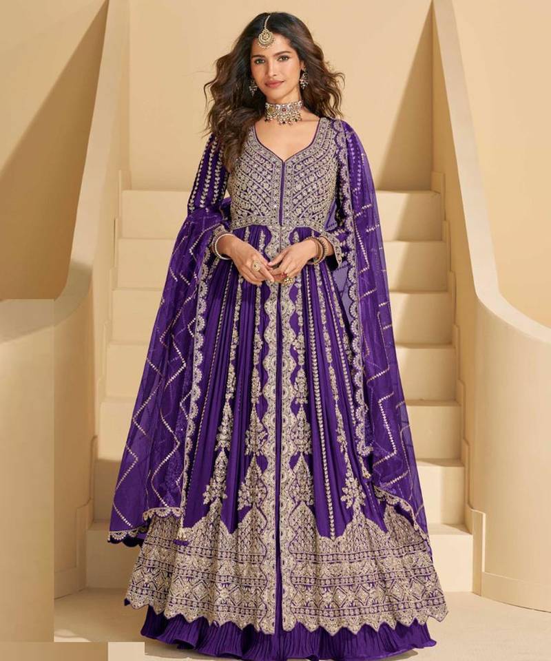 Purple chinnon silk front cut anarkali lehenga suit with zari embroidery, sequins & mirror work, free size up to 42"