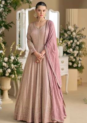Mauve georgette anarkali gown palazzo suit with seroski zarkan, thread embroidery, beads & sequins, free size up to 42" 1