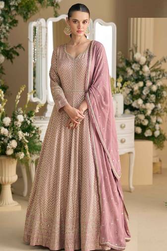 Mauve georgette anarkali gown palazzo suit with seroski zarkan, thread embroidery, beads & sequins, free size up to 42"