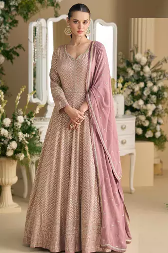 Mauve georgette anarkali gown palazzo suit with seroski zarkan, thread embroidery, beads & sequins, free size up to 42"