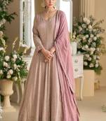 Mauve georgette anarkali gown palazzo suit with seroski zarkan, thread embroidery, beads & sequins, free size up to 42"