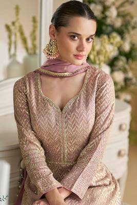Mauve georgette anarkali gown palazzo suit with seroski zarkan, thread embroidery, beads & sequins, free size up to 42" 2
